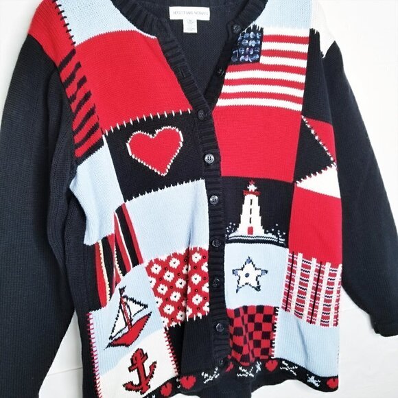 Vintage August Max Nautical Navy Red Navy Cardigan - Picture 2 of 6